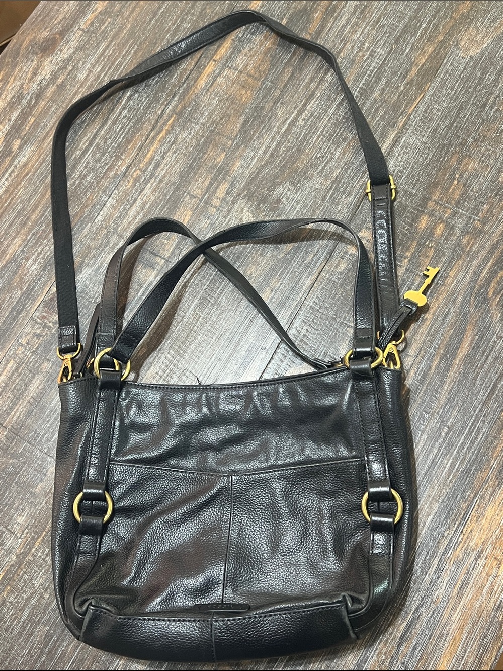 Vintage Fossil Black Leather Shoulder Bag with Gold Hardware